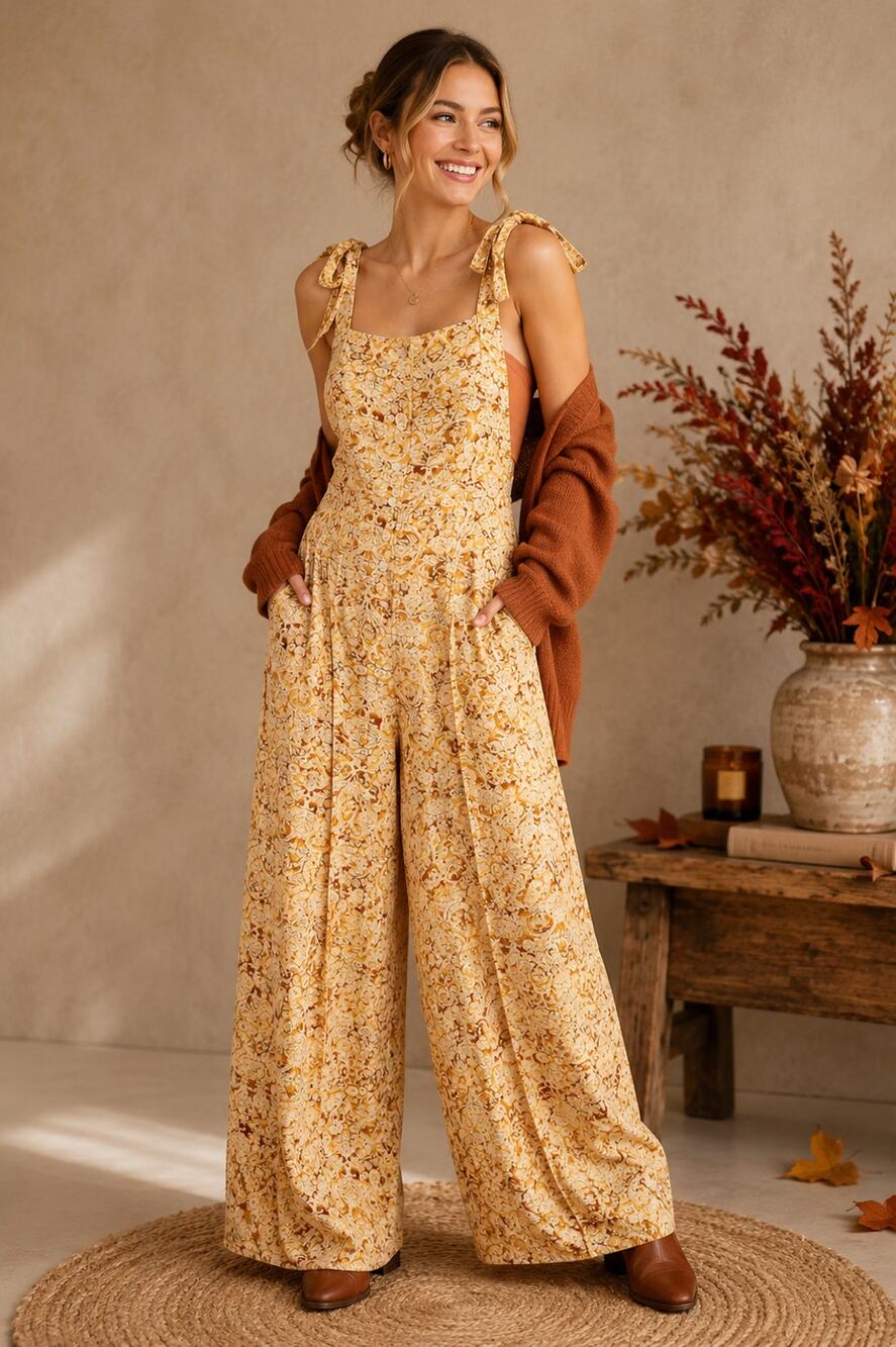 Free People Sugar Sands Wide Leg Jumpsuit Honey Floral Boho